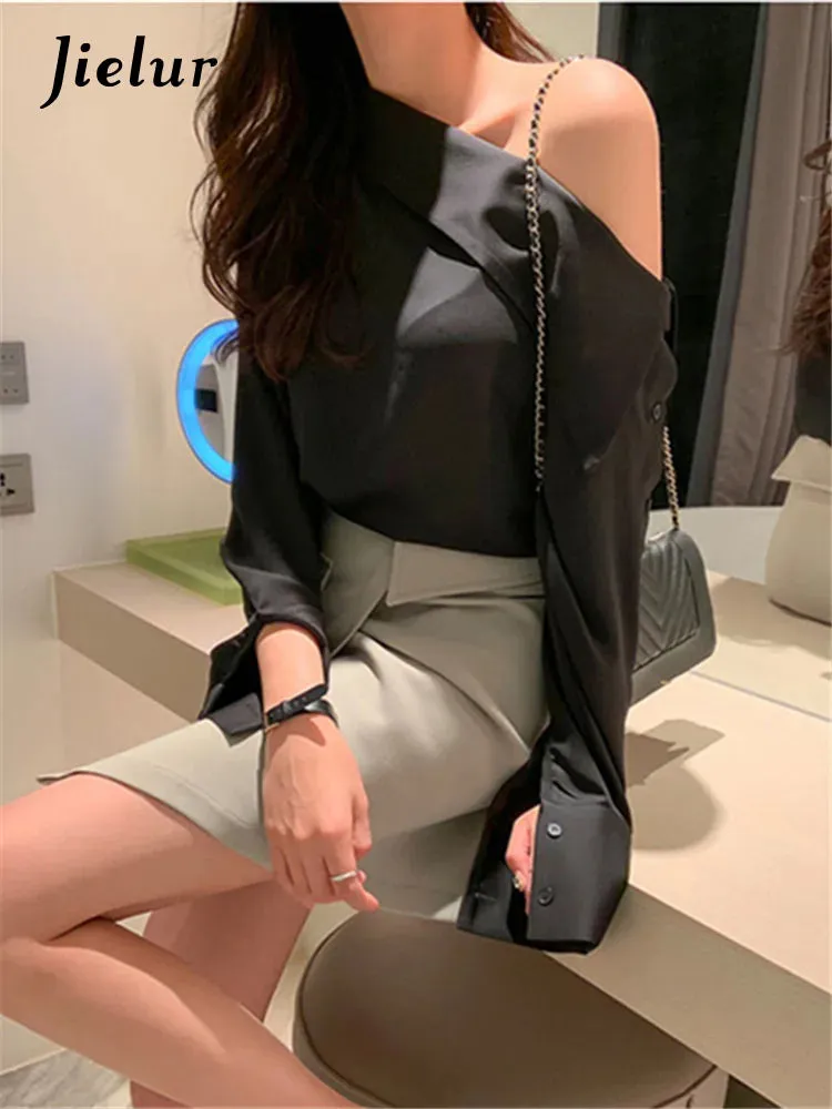 Office Lady Korean Style Black Blouses One Shoulder Sexy Shirts Women Spring Summer Cold Blouse Female Elegant White Tops