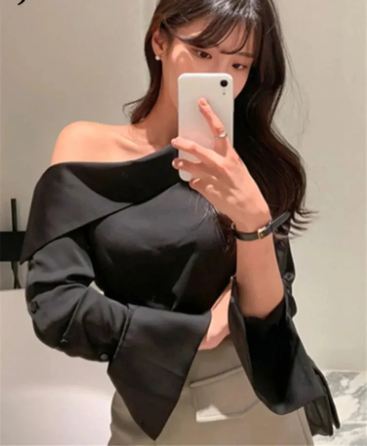 Office Lady Korean Style Black Blouses One Shoulder Sexy Shirts Women Spring Summer Cold Blouse Female Elegant White Tops