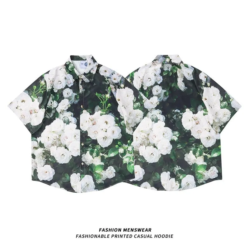 Oversized American Camellia Print Short Sleeve Shirts