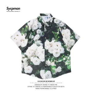 Oversized American Camellia Print Short Sleeve Shirts