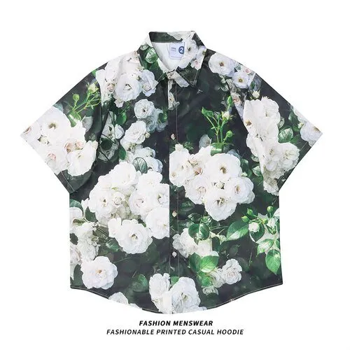 Oversized American Camellia Print Short Sleeve Shirts