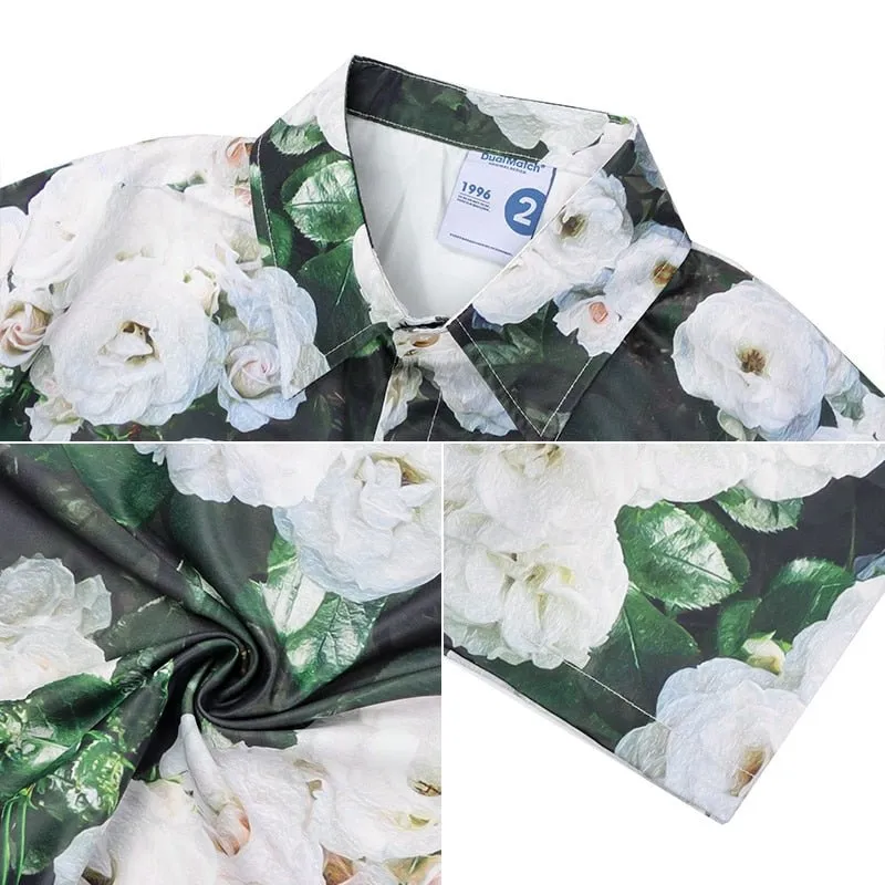 Oversized American Camellia Print Short Sleeve Shirts