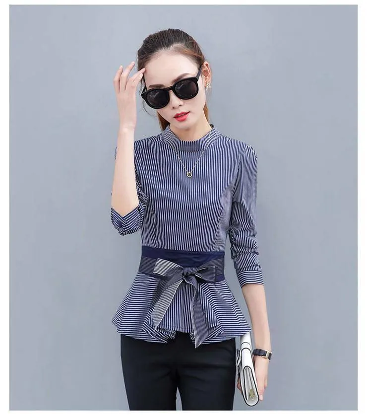 Peplum Striped Blouses with Bow Long Sleeve Shirts  (US 4-12)