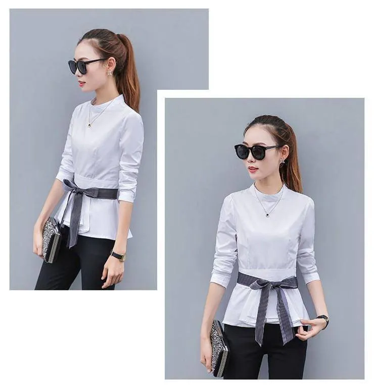 Peplum Striped Blouses with Bow Long Sleeve Shirts  (US 4-12)