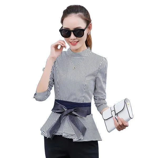 Peplum Striped Blouses with Bow Long Sleeve Shirts  (US 4-12)