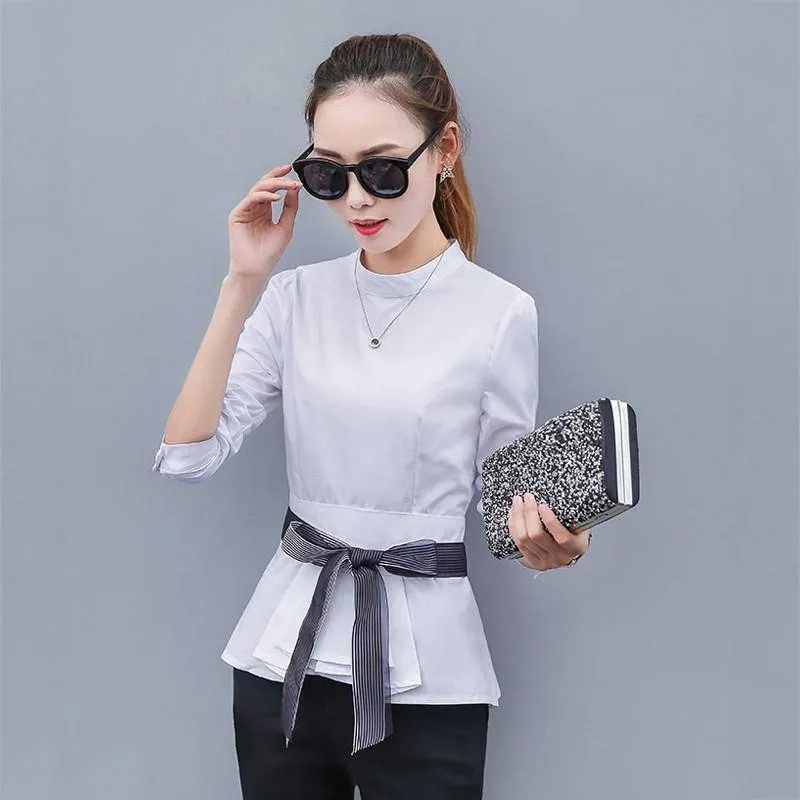 Peplum Striped Blouses with Bow Long Sleeve Shirts  (US 4-12)