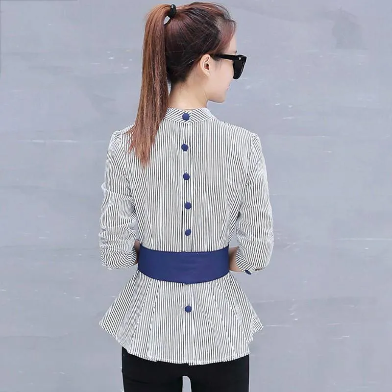 Peplum Striped Blouses with Bow Long Sleeve Shirts  (US 4-12)