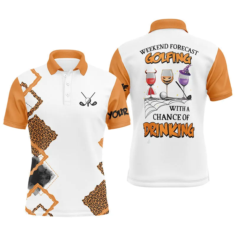 Personalized Leopard Halloween Mens Golf Polo Shirts Weekend Forecast Golfing With Chance Of Drinking