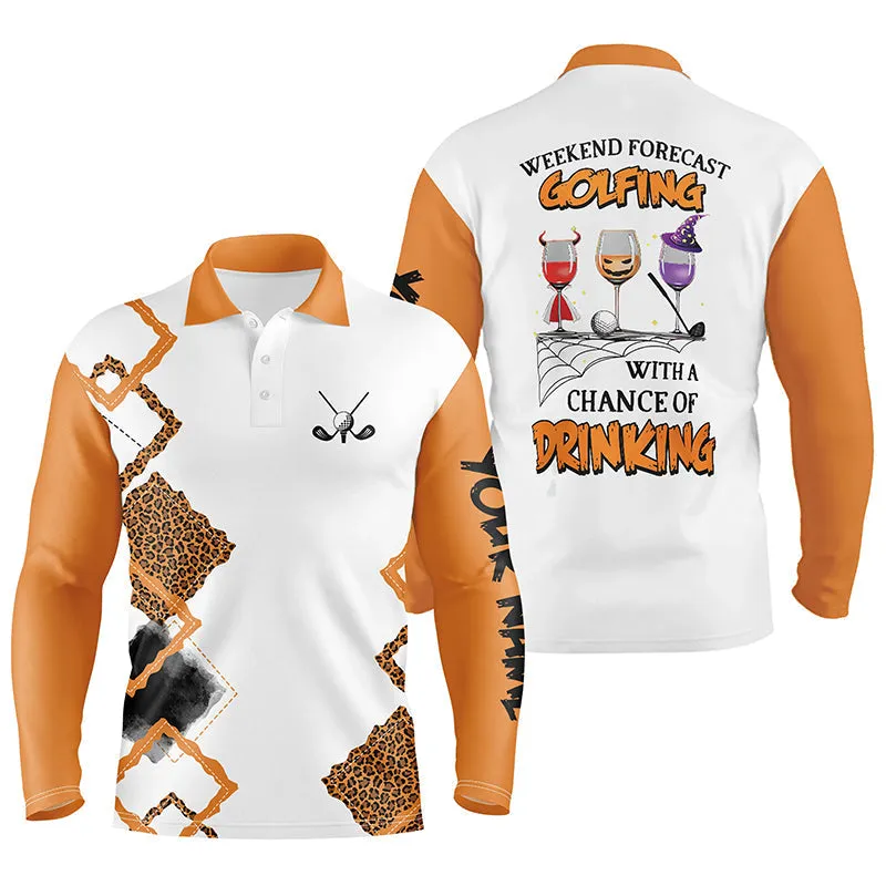 Personalized Leopard Halloween Mens Golf Polo Shirts Weekend Forecast Golfing With Chance Of Drinking