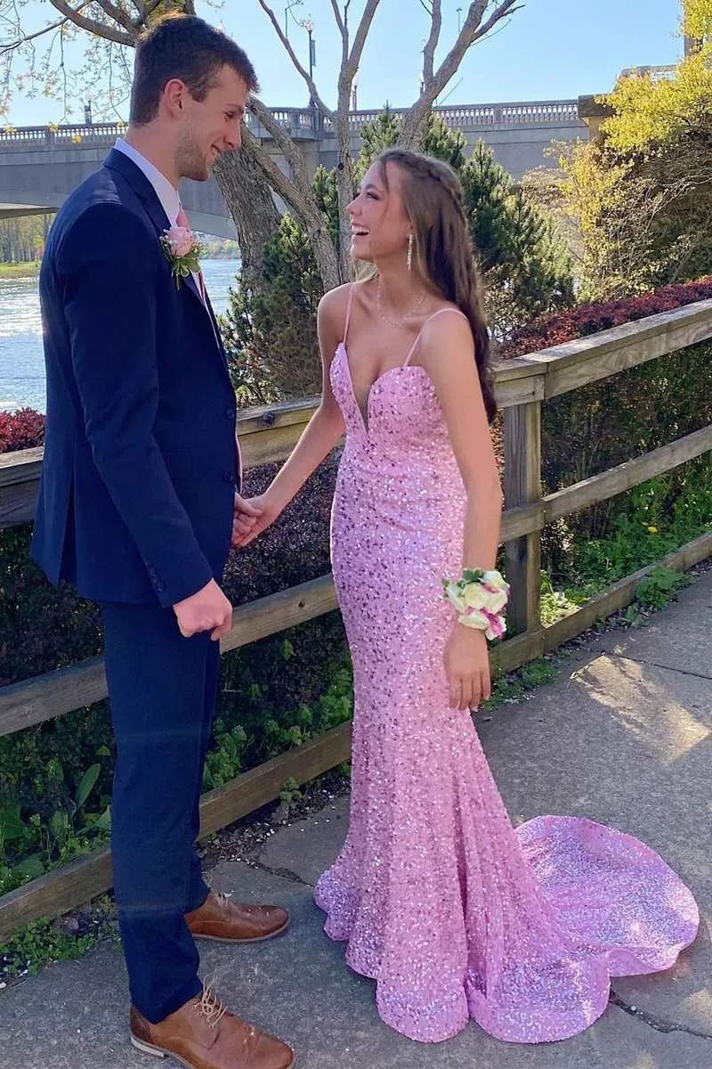 Pink Sequin Plunge V Mermaid Long Prom Dress, Dresses for Party Events