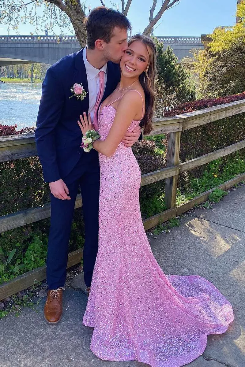 Pink Sequin Plunge V Mermaid Long Prom Dress, Dresses for Party Events