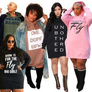 Plus Size Dresses for Women Letter Print Hoodie Casual Loose Mini Dress Sweat Suits Spring Clothes