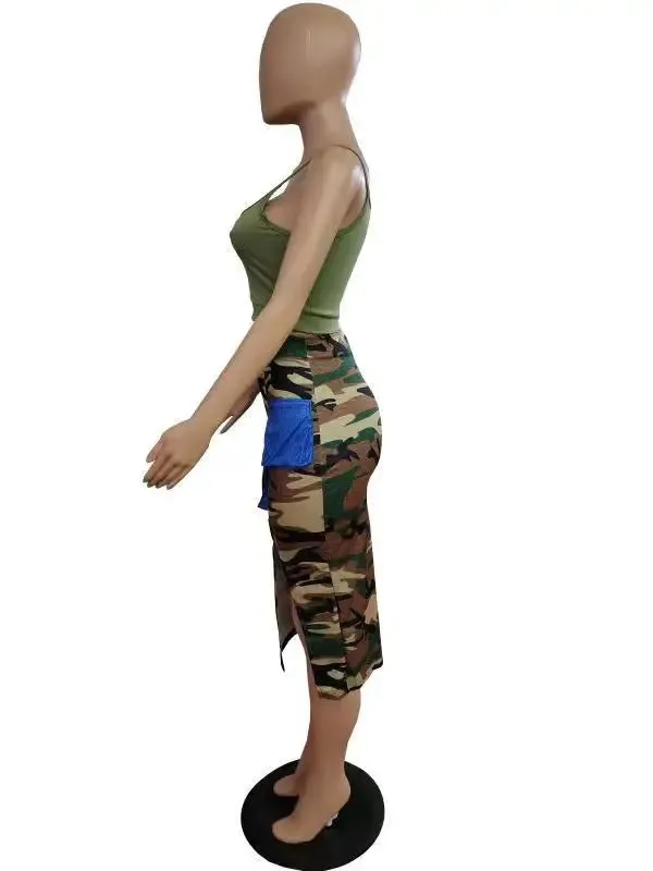 Prowow Fashion Camouflage Print Skirt Set Army Color Tank Tops Two Piece Summer Streetwear Suits New Design Female Clothing Set