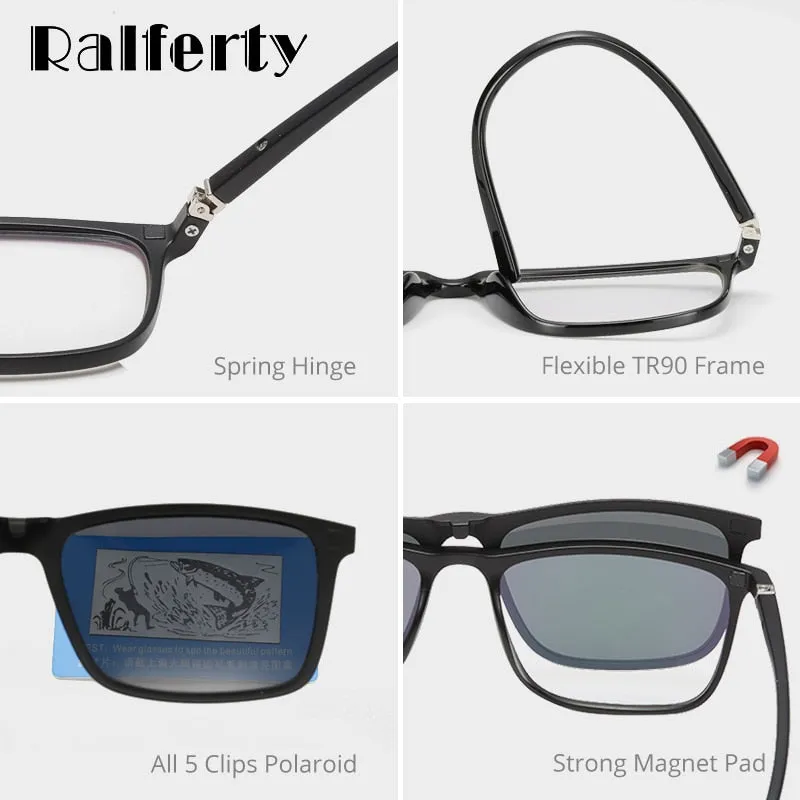 Ralferty Unisex Full Rim Square Eyeglasses With Clip On Sunglasses A8804