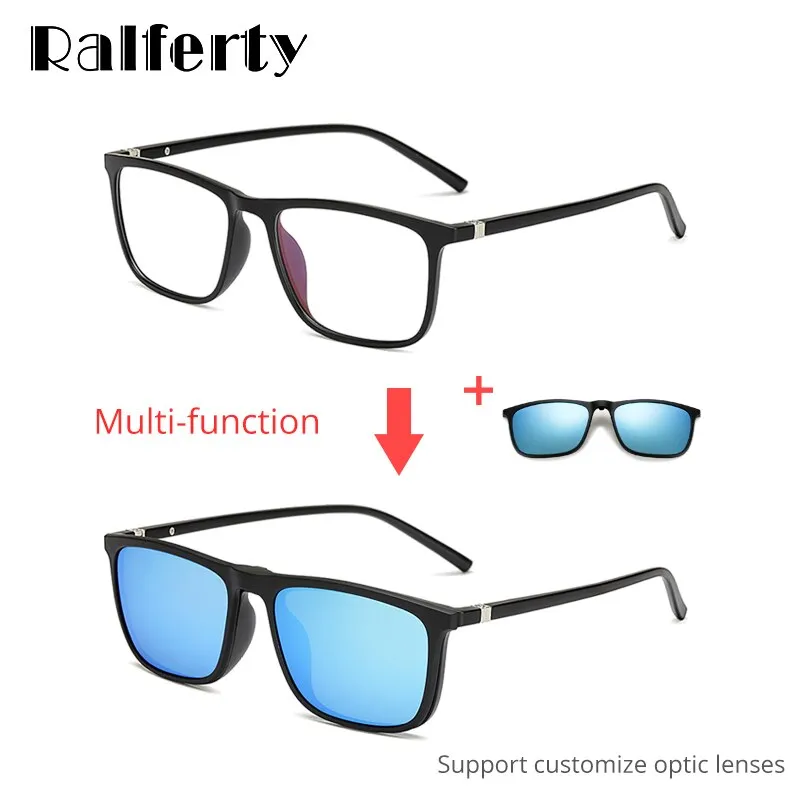 Ralferty Unisex Full Rim Square Eyeglasses With Clip On Sunglasses A8804