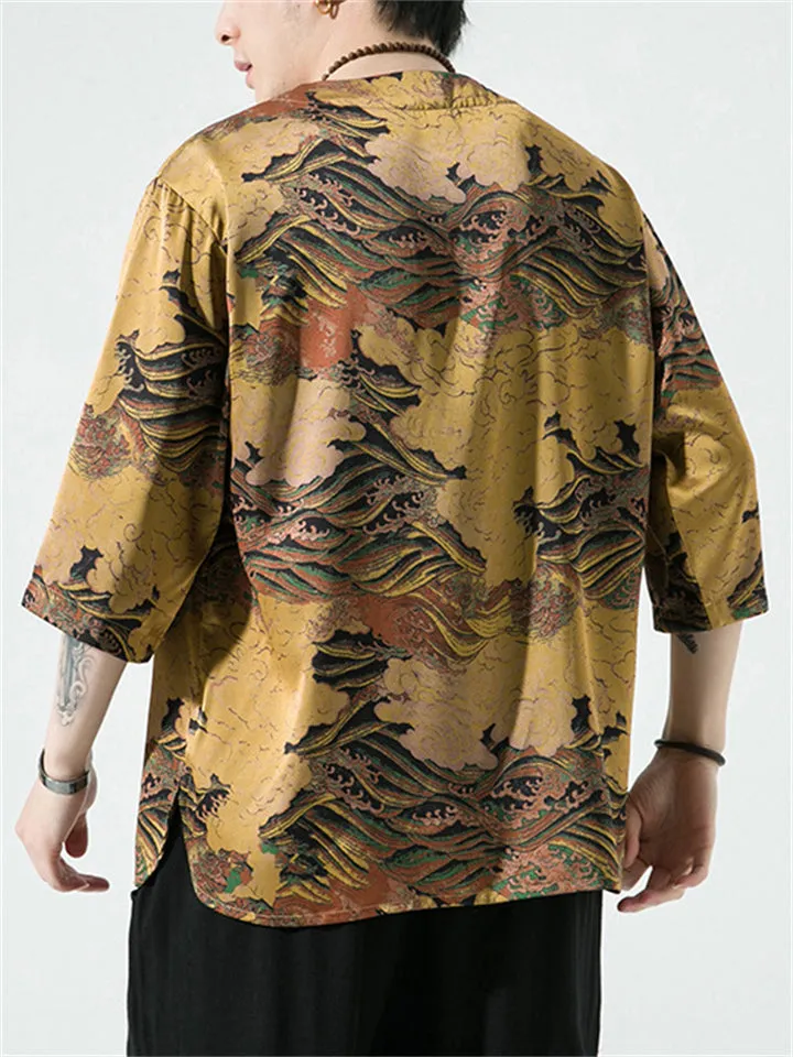 Retro Printed Ice Silk Round Collar Vacation Shirts for Men