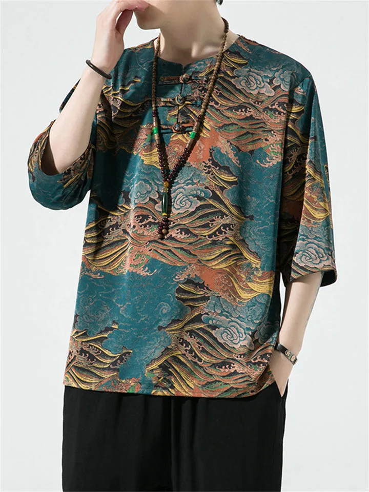 Retro Printed Ice Silk Round Collar Vacation Shirts for Men