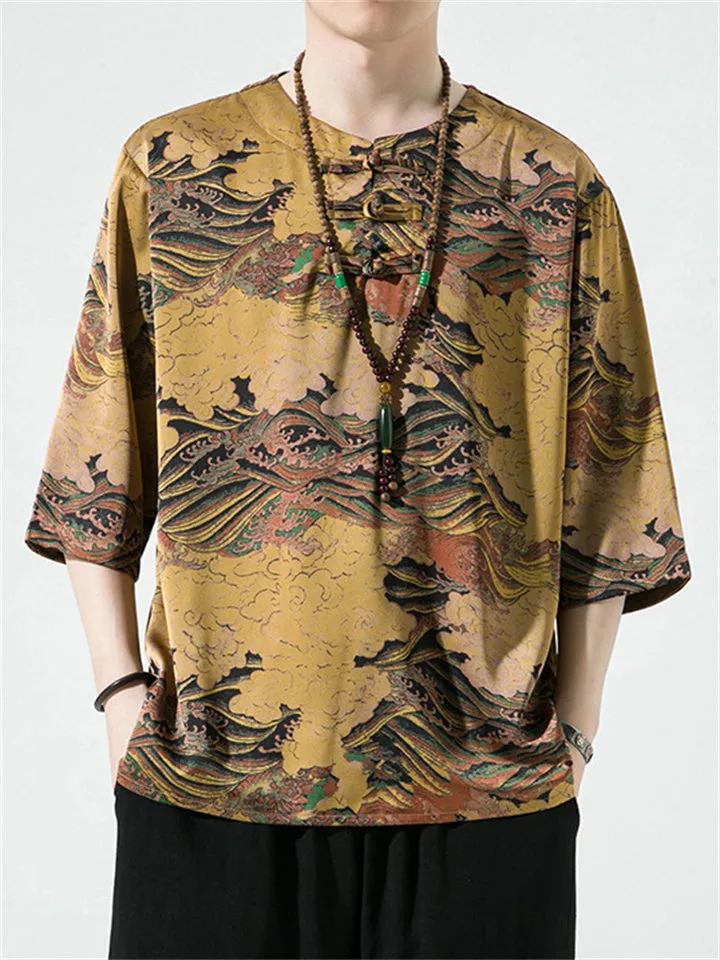 Retro Printed Ice Silk Round Collar Vacation Shirts for Men