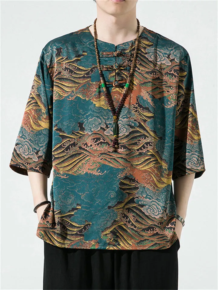 Retro Printed Ice Silk Round Collar Vacation Shirts for Men