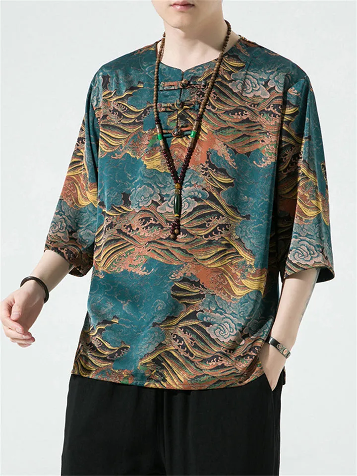 Retro Printed Ice Silk Round Collar Vacation Shirts for Men