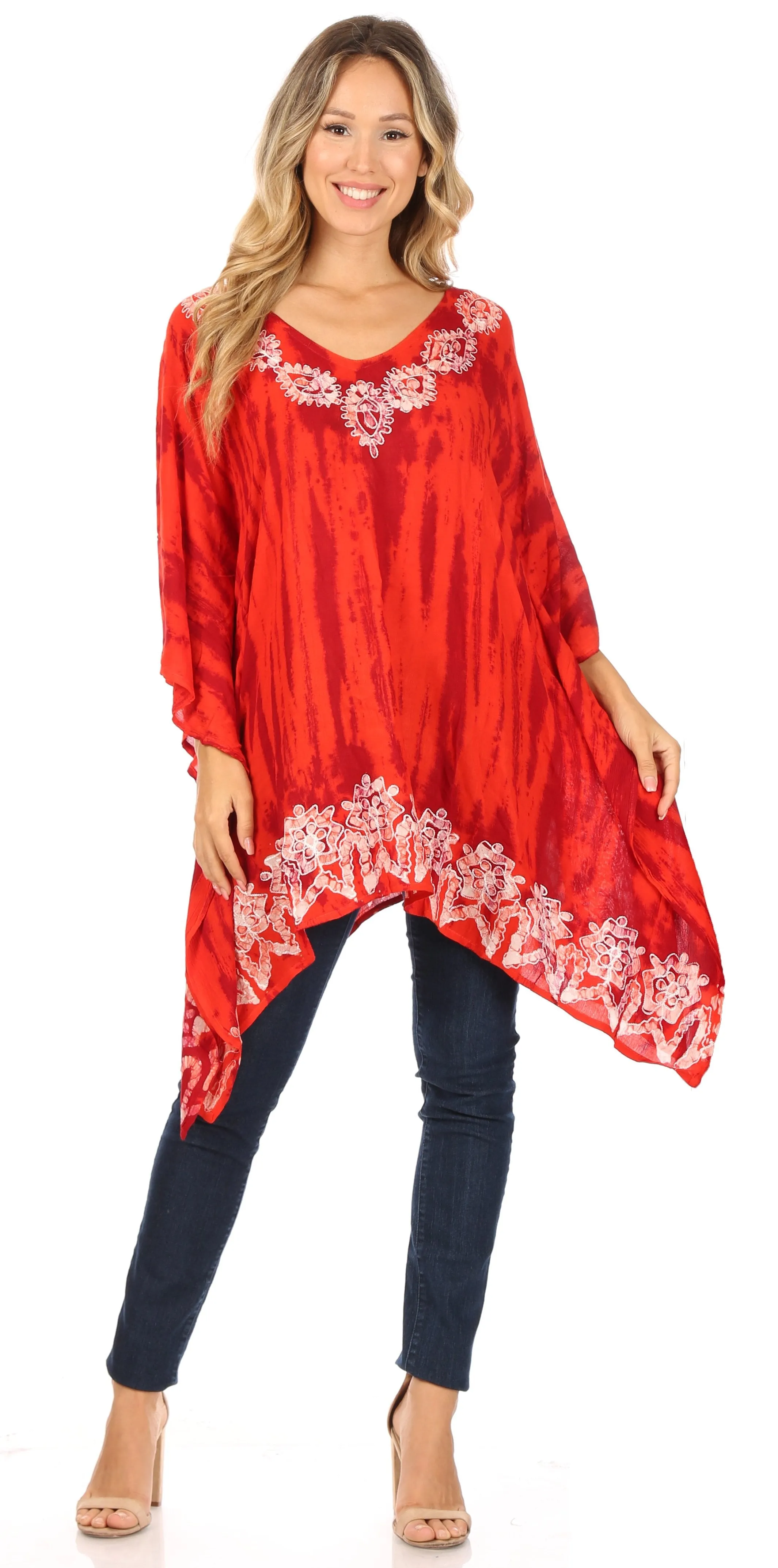 Sakkas Alizia Lightweight Embroidery Batik Top Tunic Blouse Caftan Cover up Poncho