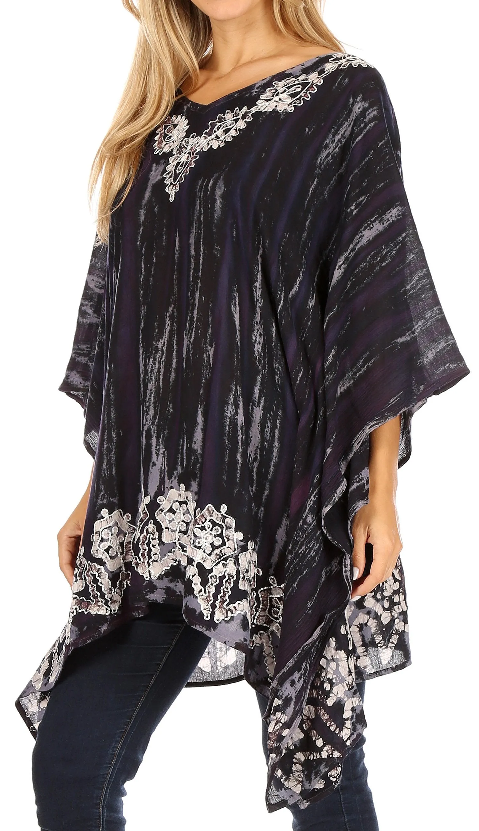 Sakkas Alizia Lightweight Embroidery Batik Top Tunic Blouse Caftan Cover up Poncho