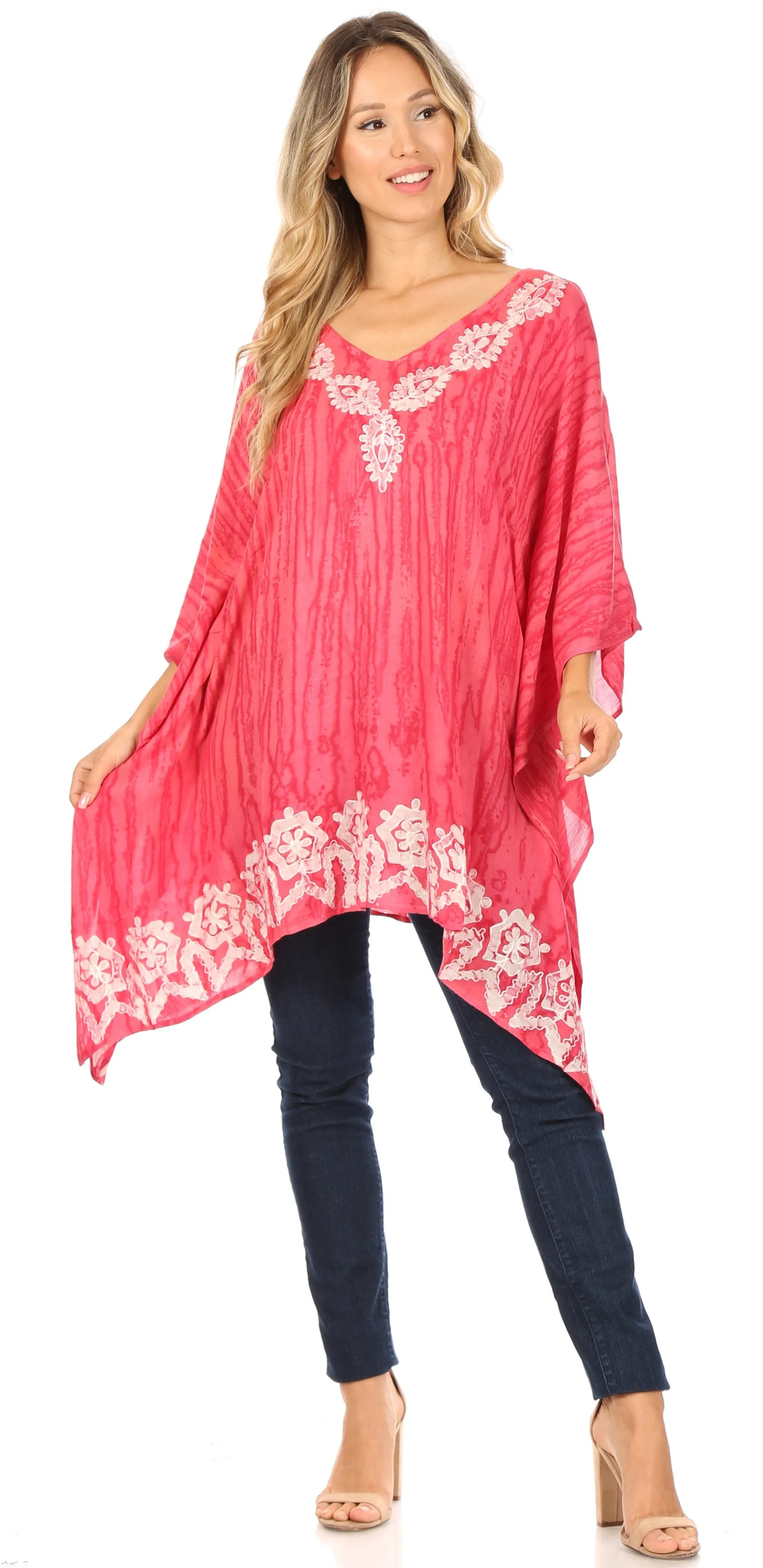 Sakkas Alizia Lightweight Embroidery Batik Top Tunic Blouse Caftan Cover up Poncho