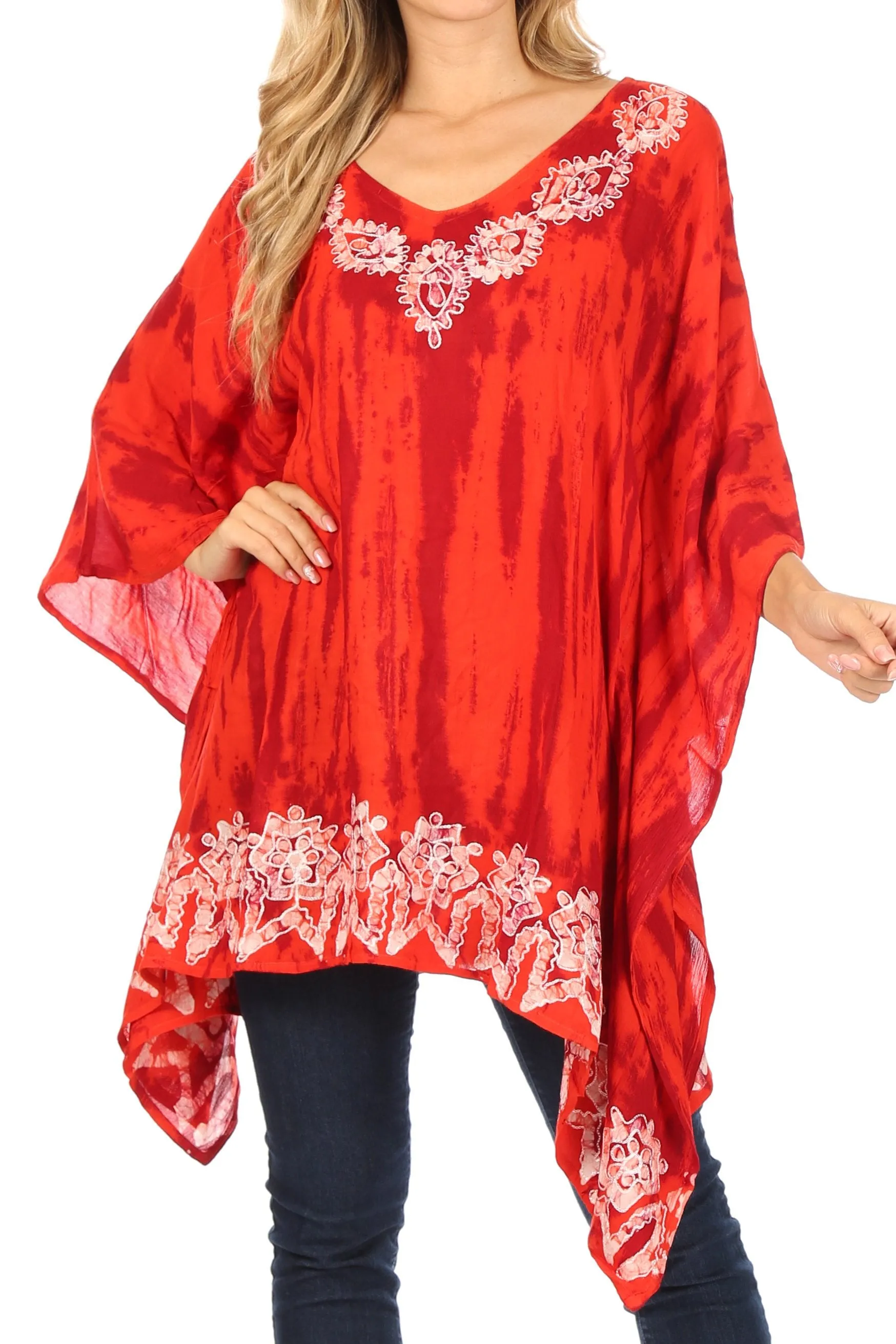 Sakkas Alizia Lightweight Embroidery Batik Top Tunic Blouse Caftan Cover up Poncho