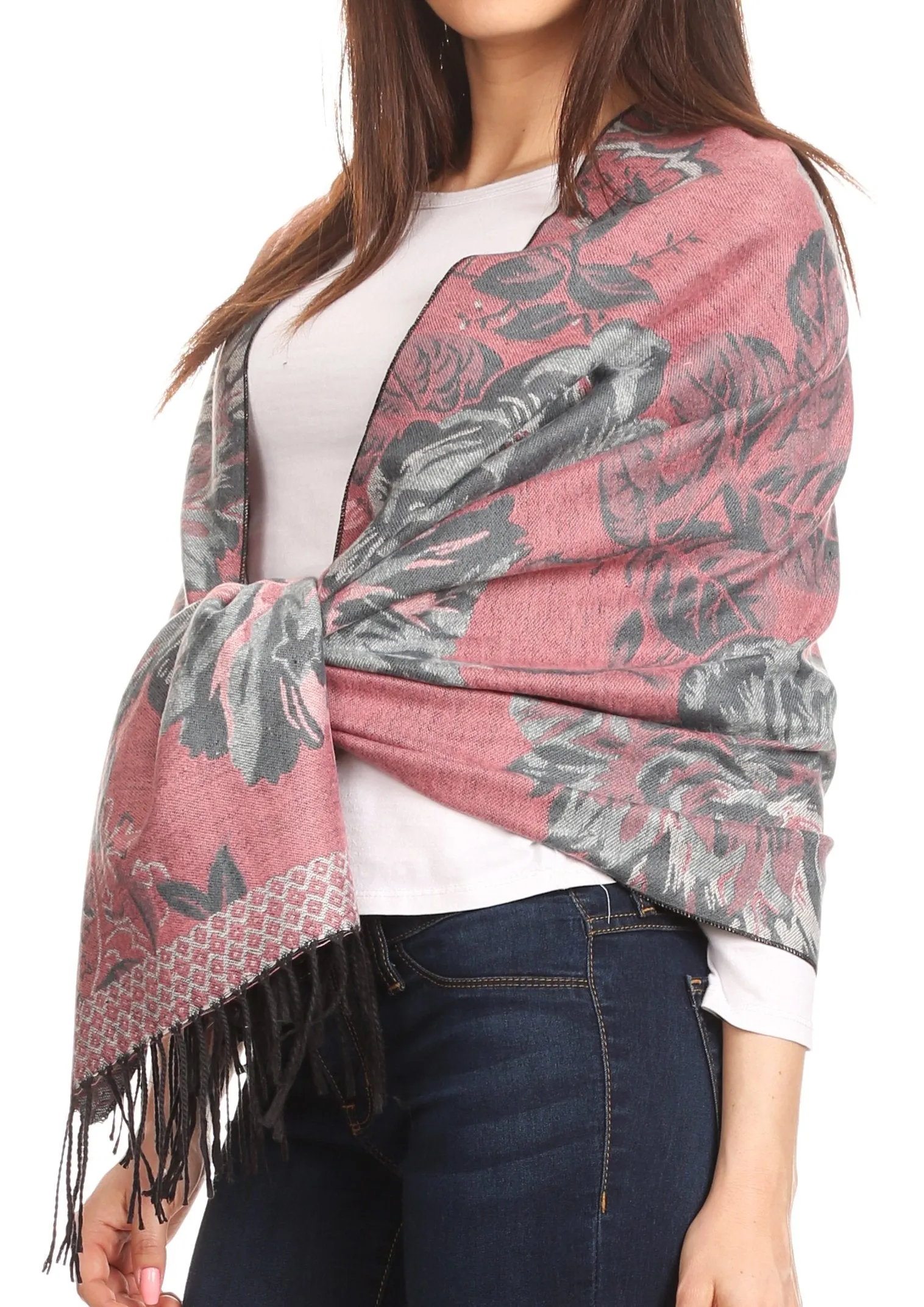 Sakkas Aurora Floral Rose Pashmina Scarf Shawl with Fringe Super Warm Soft Vegan