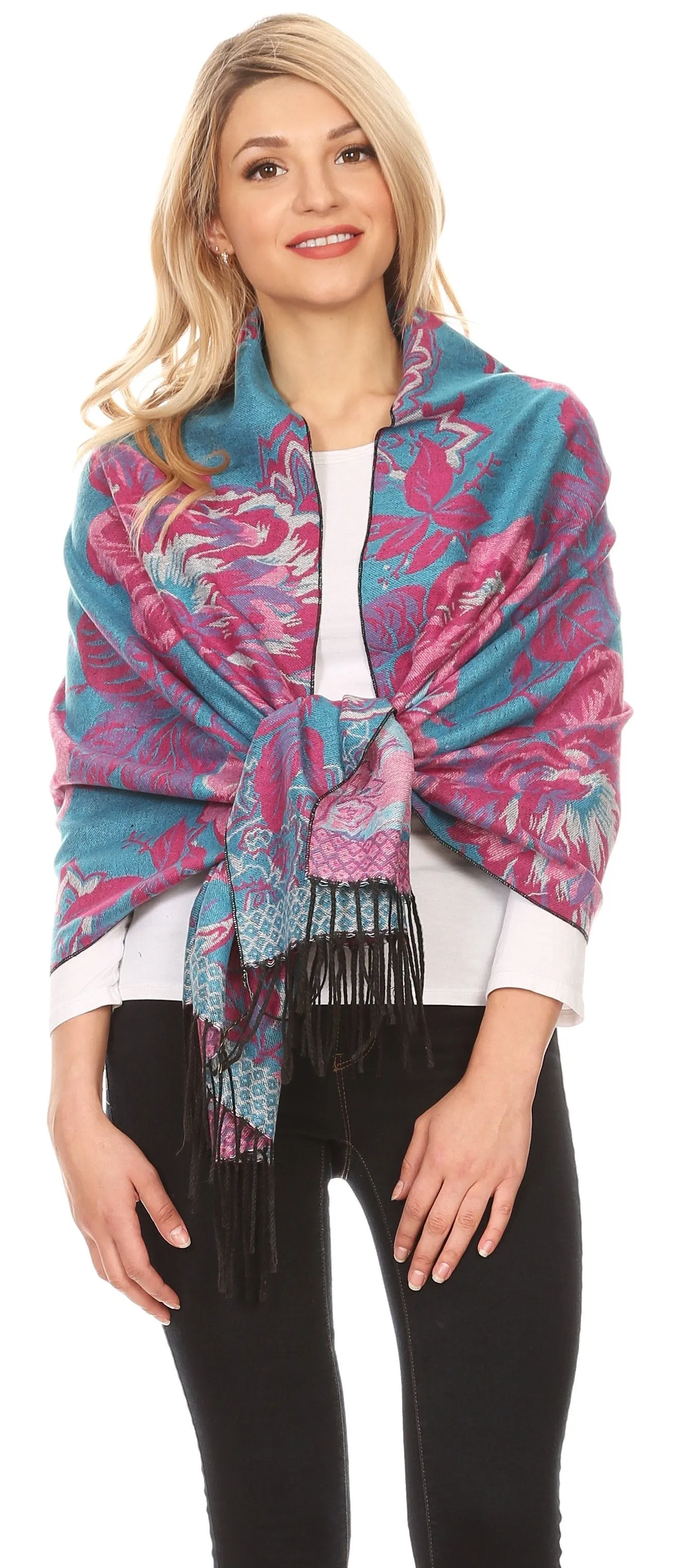 Sakkas Aurora Floral Rose Pashmina Scarf Shawl with Fringe Super Warm Soft Vegan