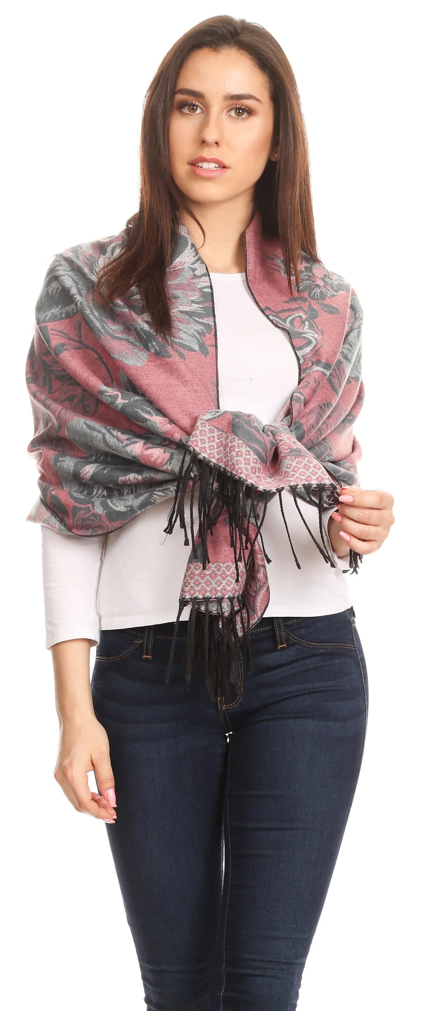 Sakkas Aurora Floral Rose Pashmina Scarf Shawl with Fringe Super Warm Soft Vegan