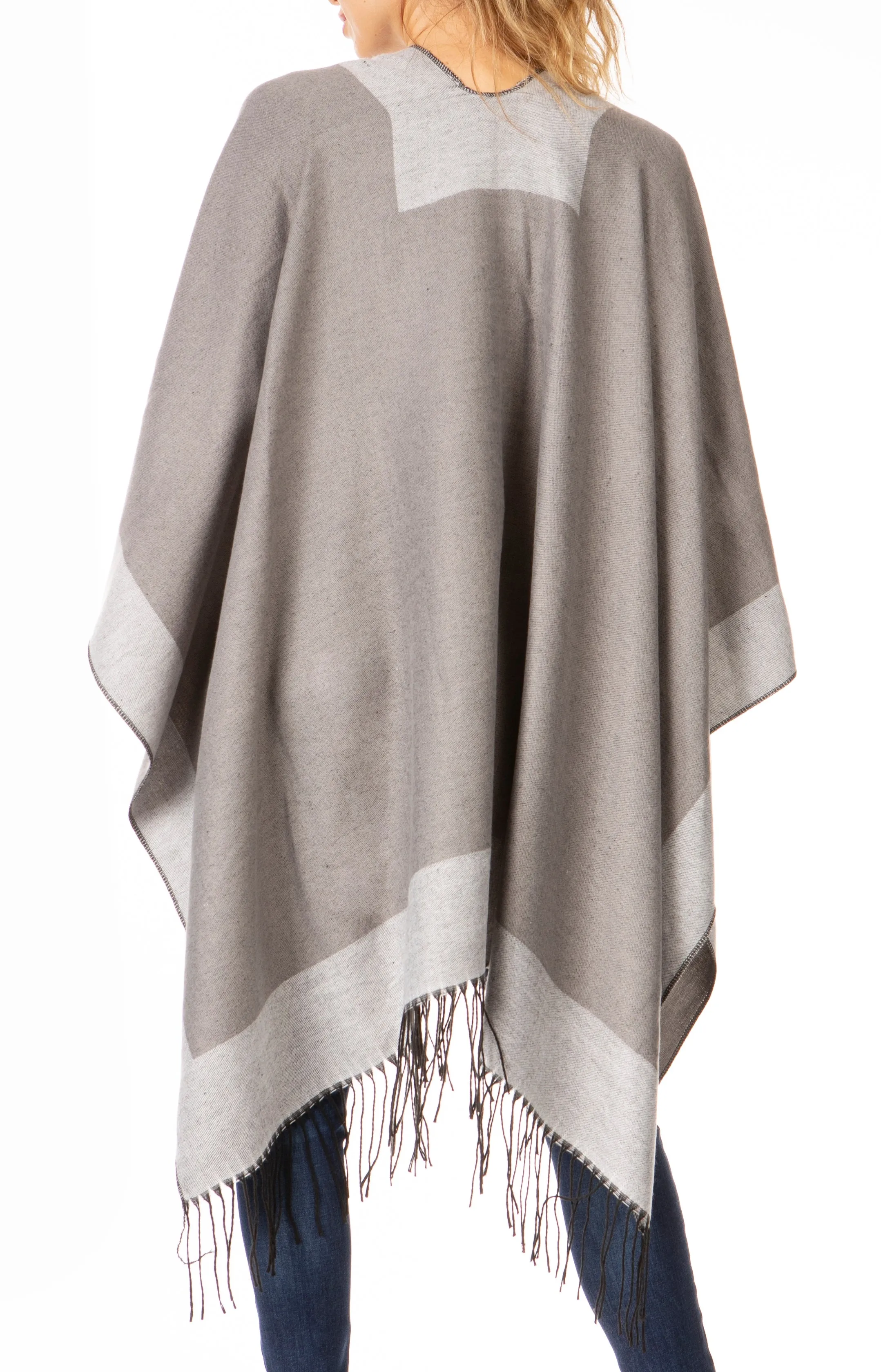 Sakkas Avi Women's Reversible Open Front Poncho Cardigan Ruana Cape Shawl W/Fringe