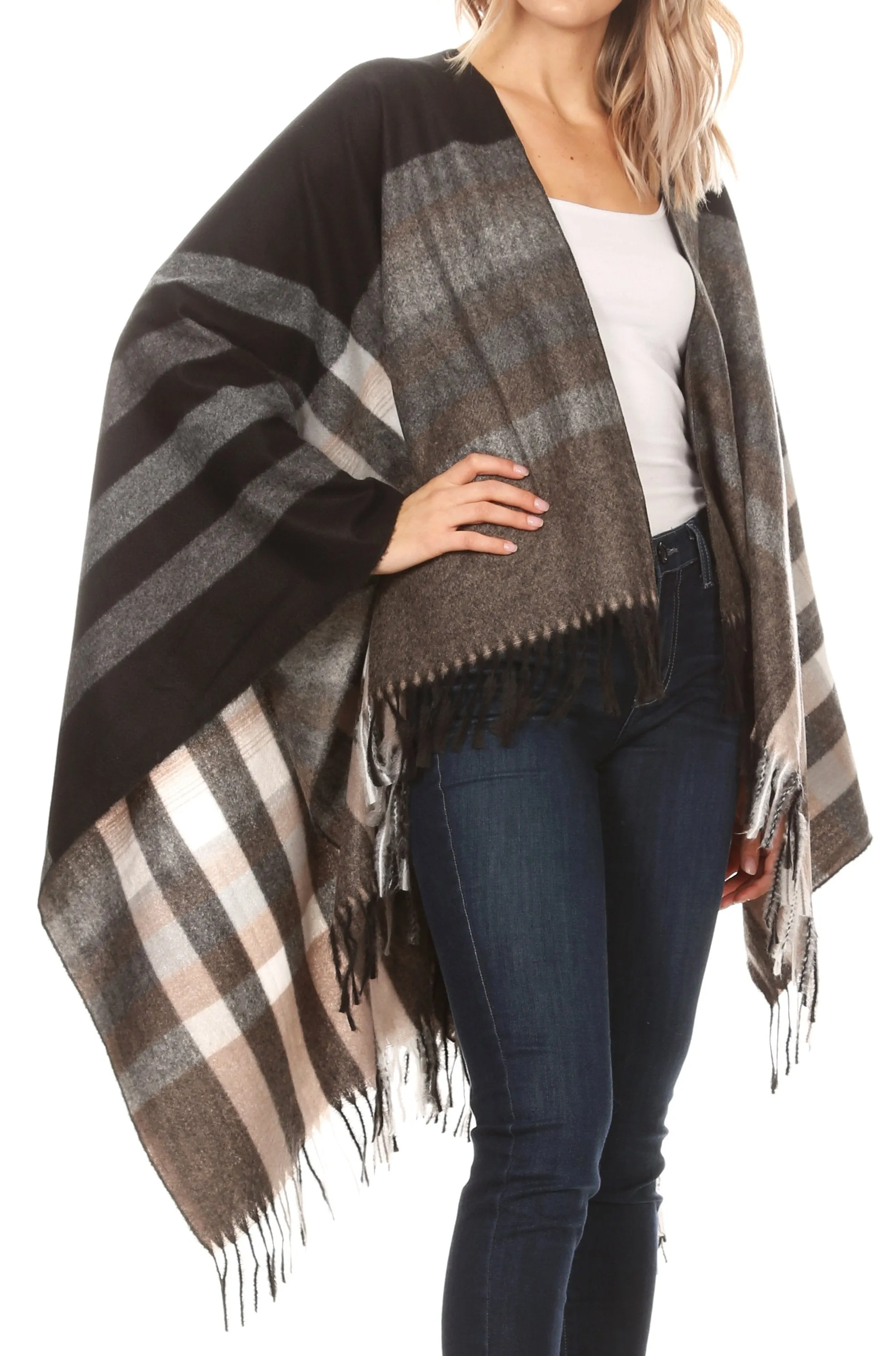 Sakkas Avi Women's Reversible Open Front Poncho Cardigan Ruana Cape Shawl W/Fringe