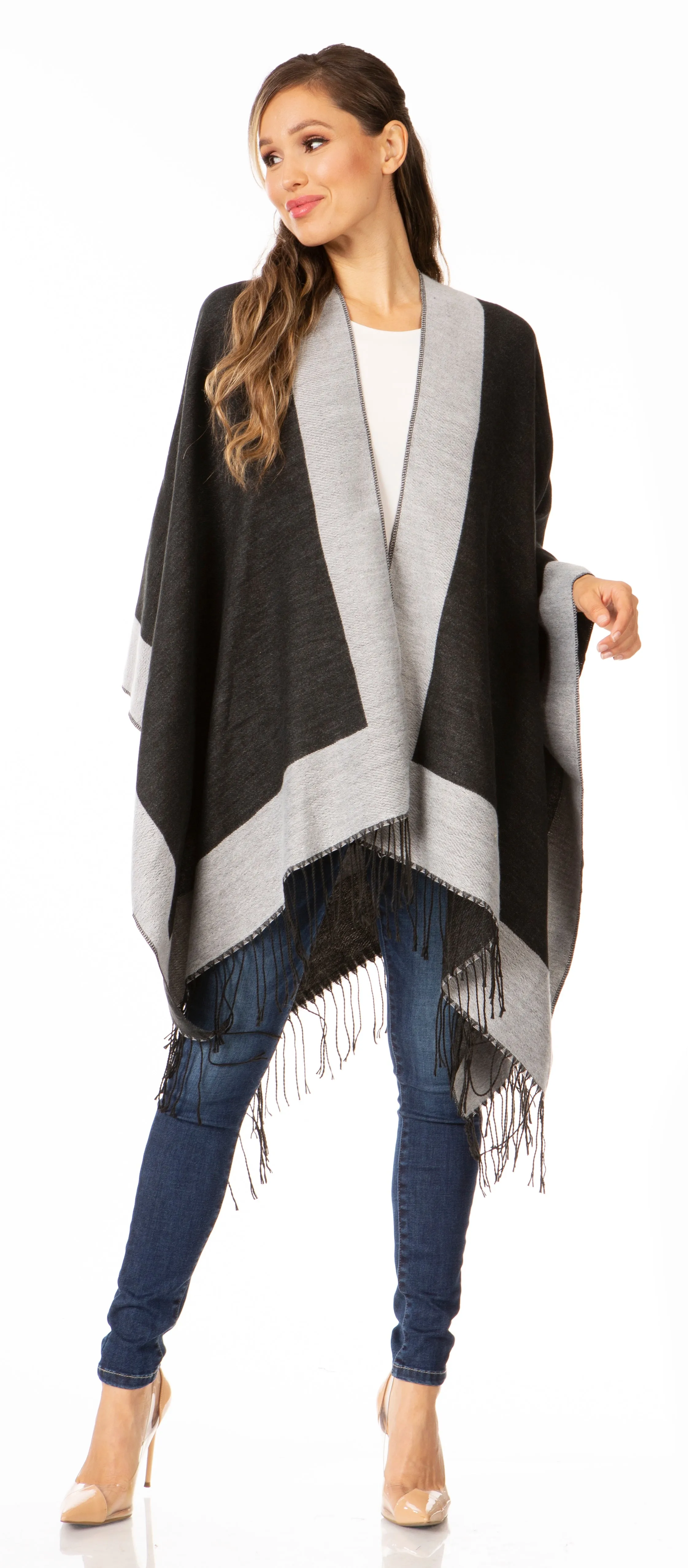 Sakkas Avi Women's Reversible Open Front Poncho Cardigan Ruana Cape Shawl W/Fringe