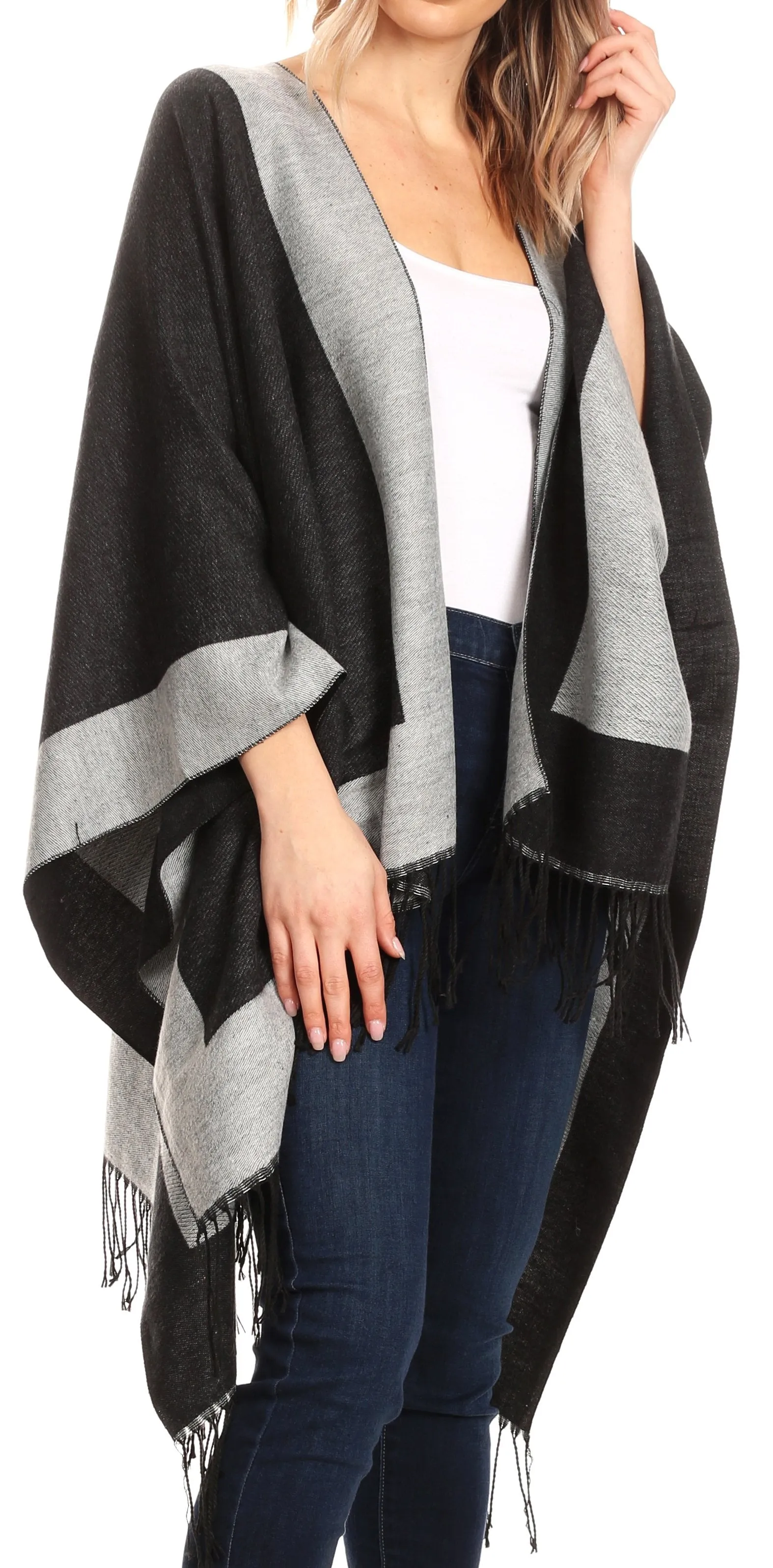 Sakkas Avi Women's Reversible Open Front Poncho Cardigan Ruana Cape Shawl W/Fringe