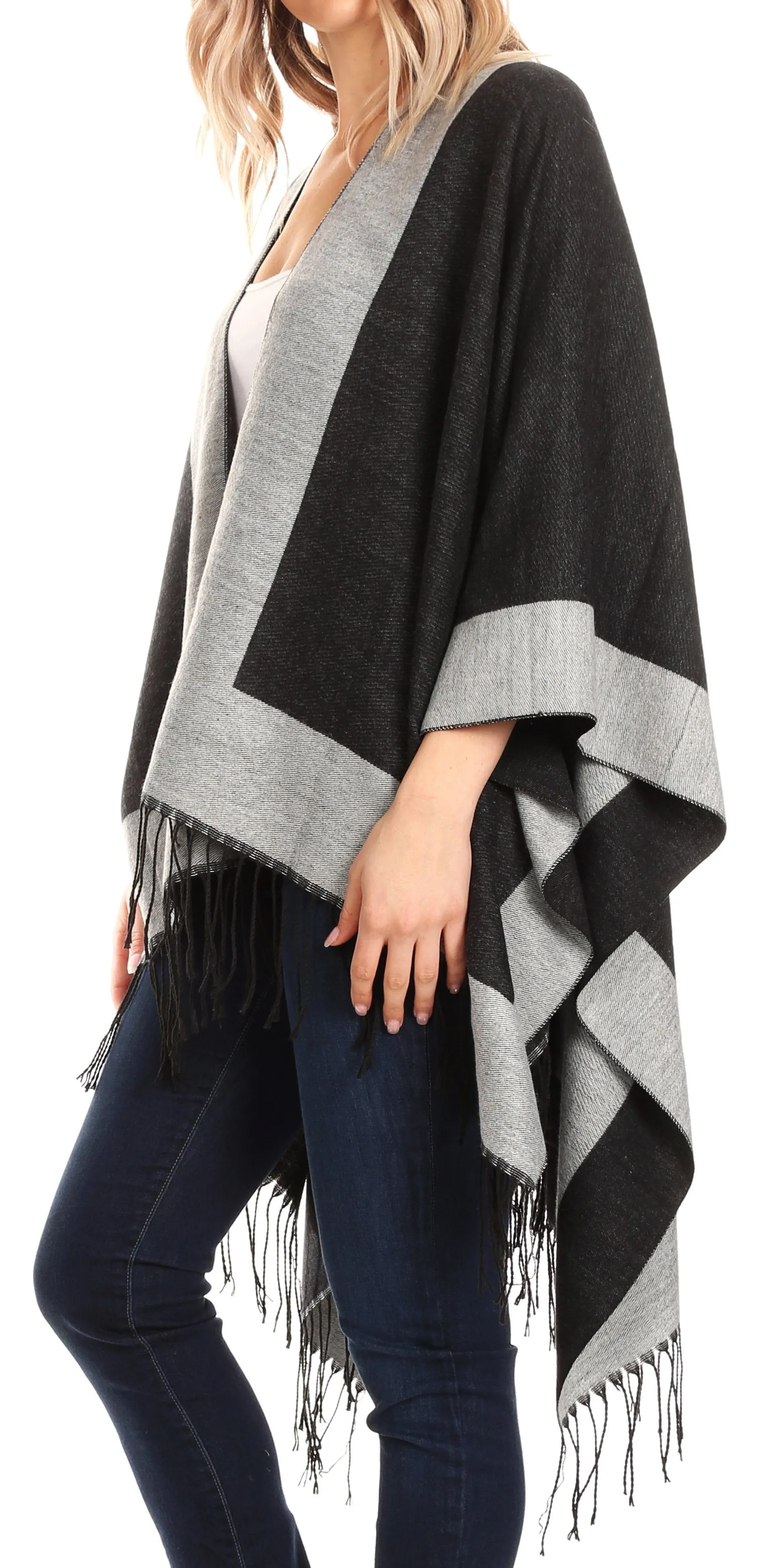 Sakkas Avi Women's Reversible Open Front Poncho Cardigan Ruana Cape Shawl W/Fringe