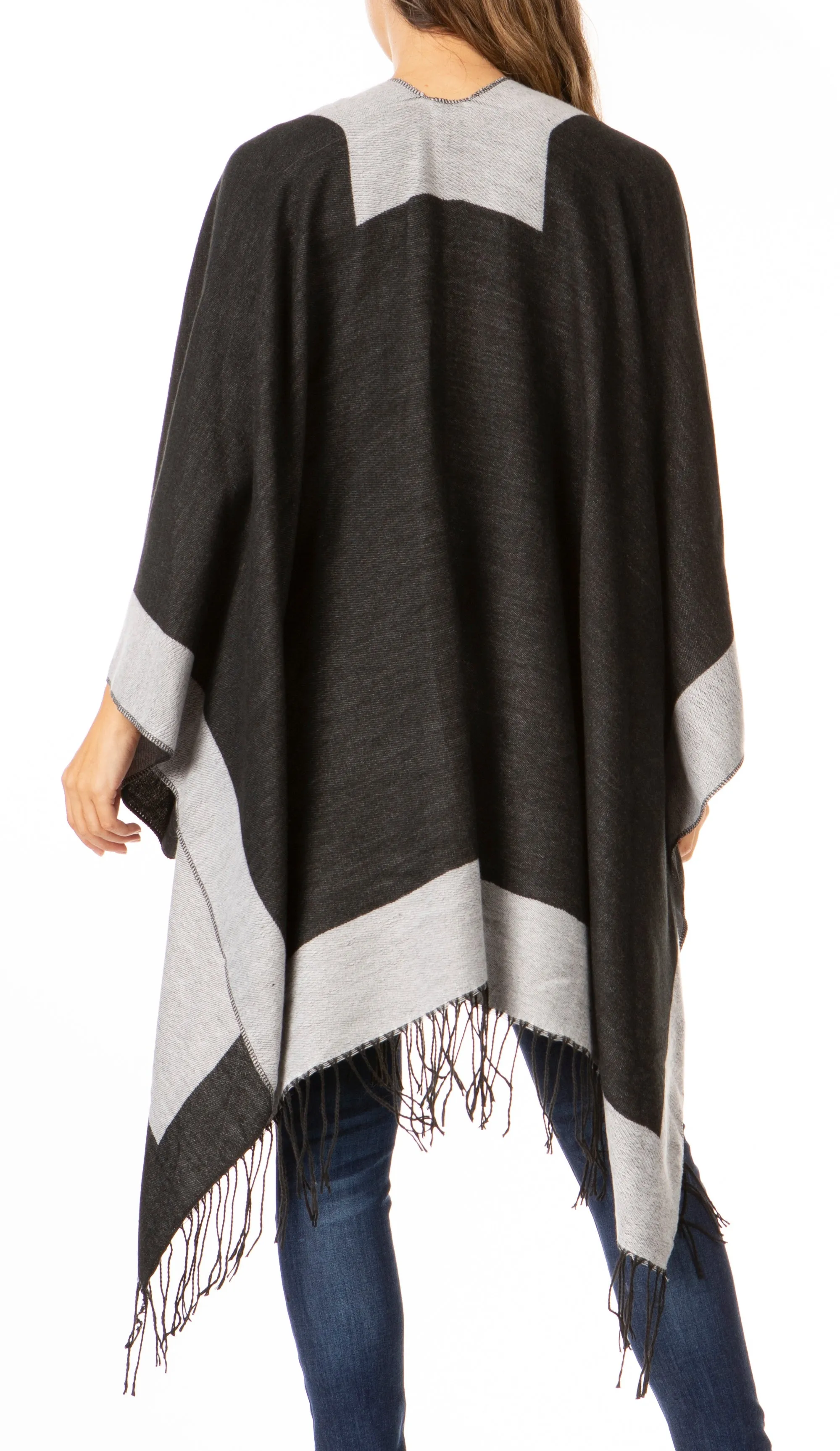 Sakkas Avi Women's Reversible Open Front Poncho Cardigan Ruana Cape Shawl W/Fringe