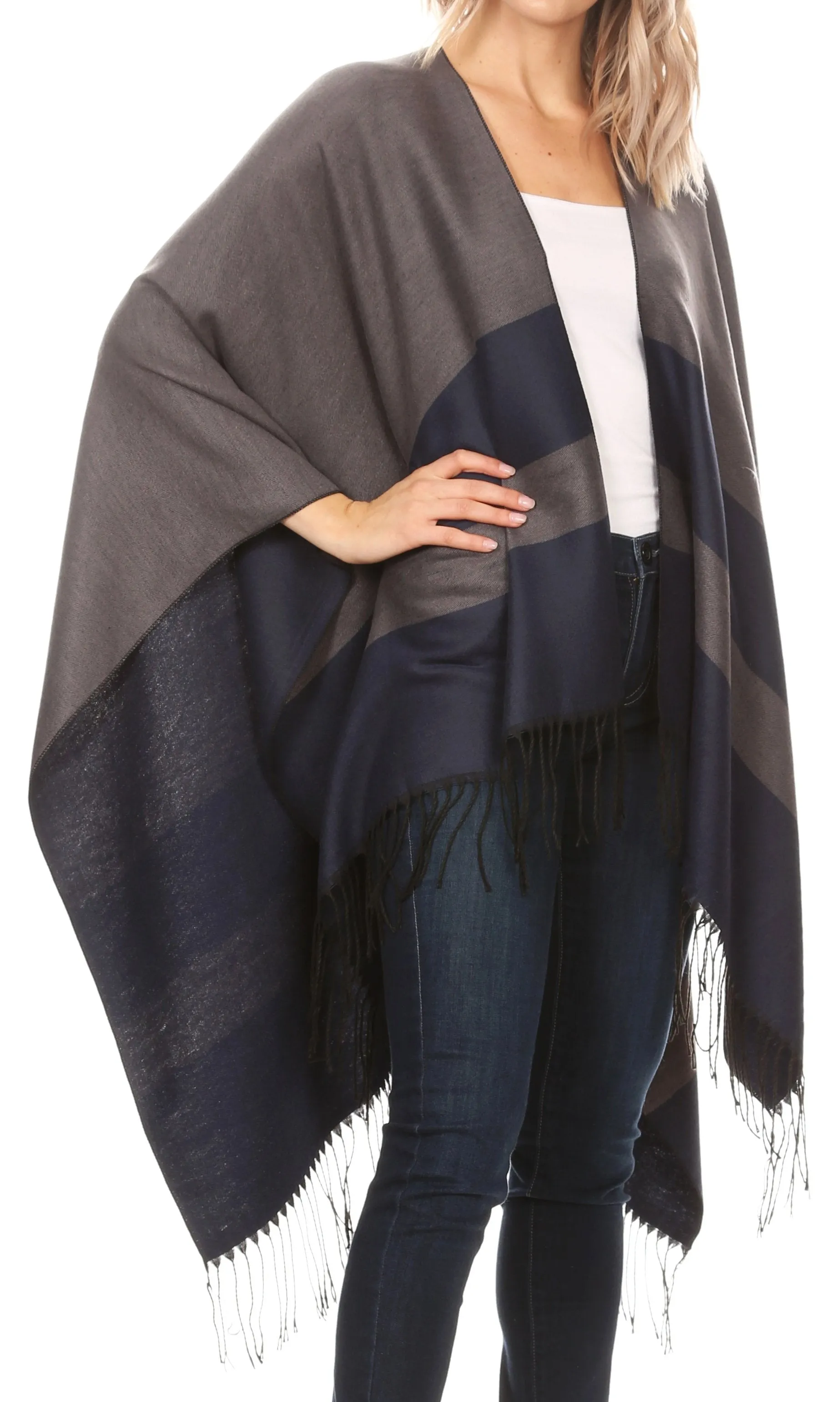 Sakkas Avi Women's Reversible Open Front Poncho Cardigan Ruana Cape Shawl W/Fringe