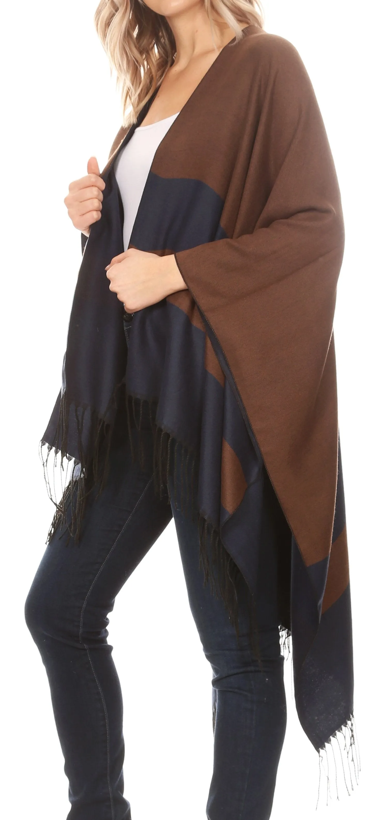 Sakkas Avi Women's Reversible Open Front Poncho Cardigan Ruana Cape Shawl W/Fringe