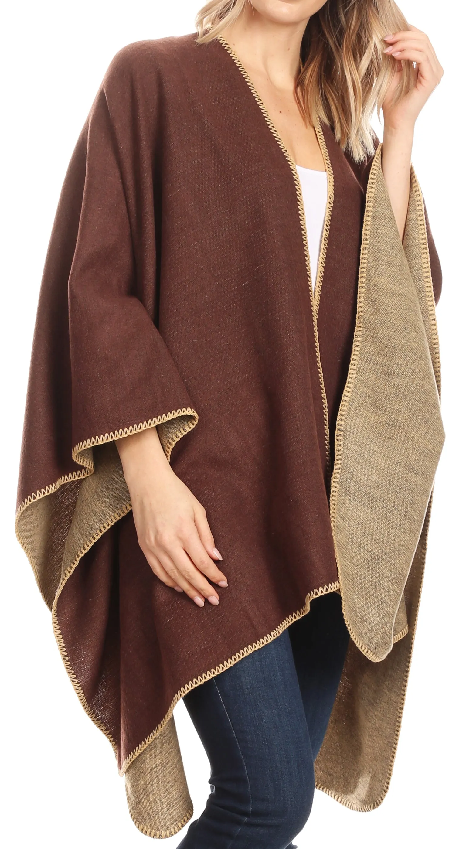 Sakkas Mari Women's Reversible Large Poncho Shawl Wrap Scarf Cape Ruana Blanket