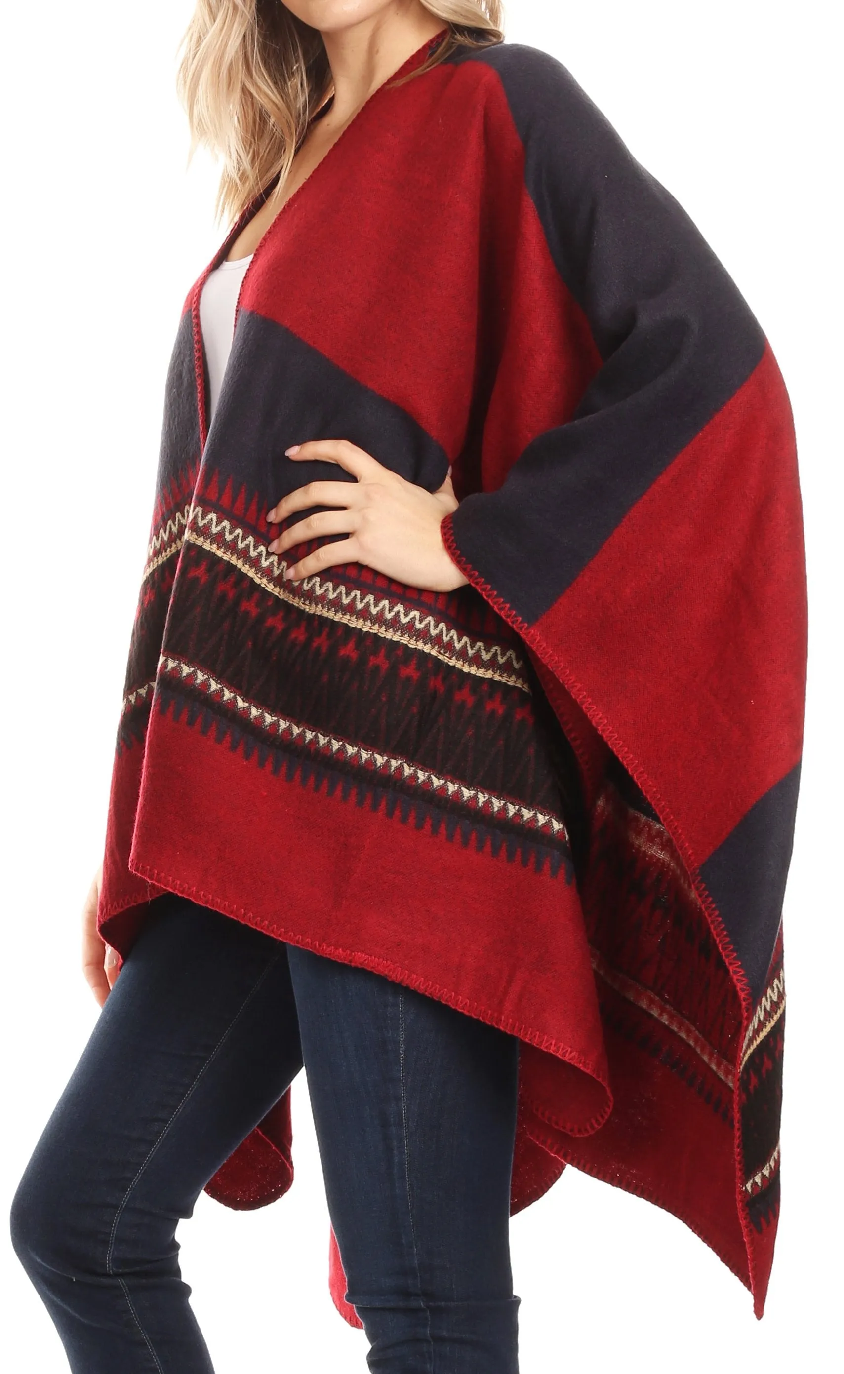 Sakkas Mari Women's Reversible Large Poncho Shawl Wrap Scarf Cape Ruana Blanket