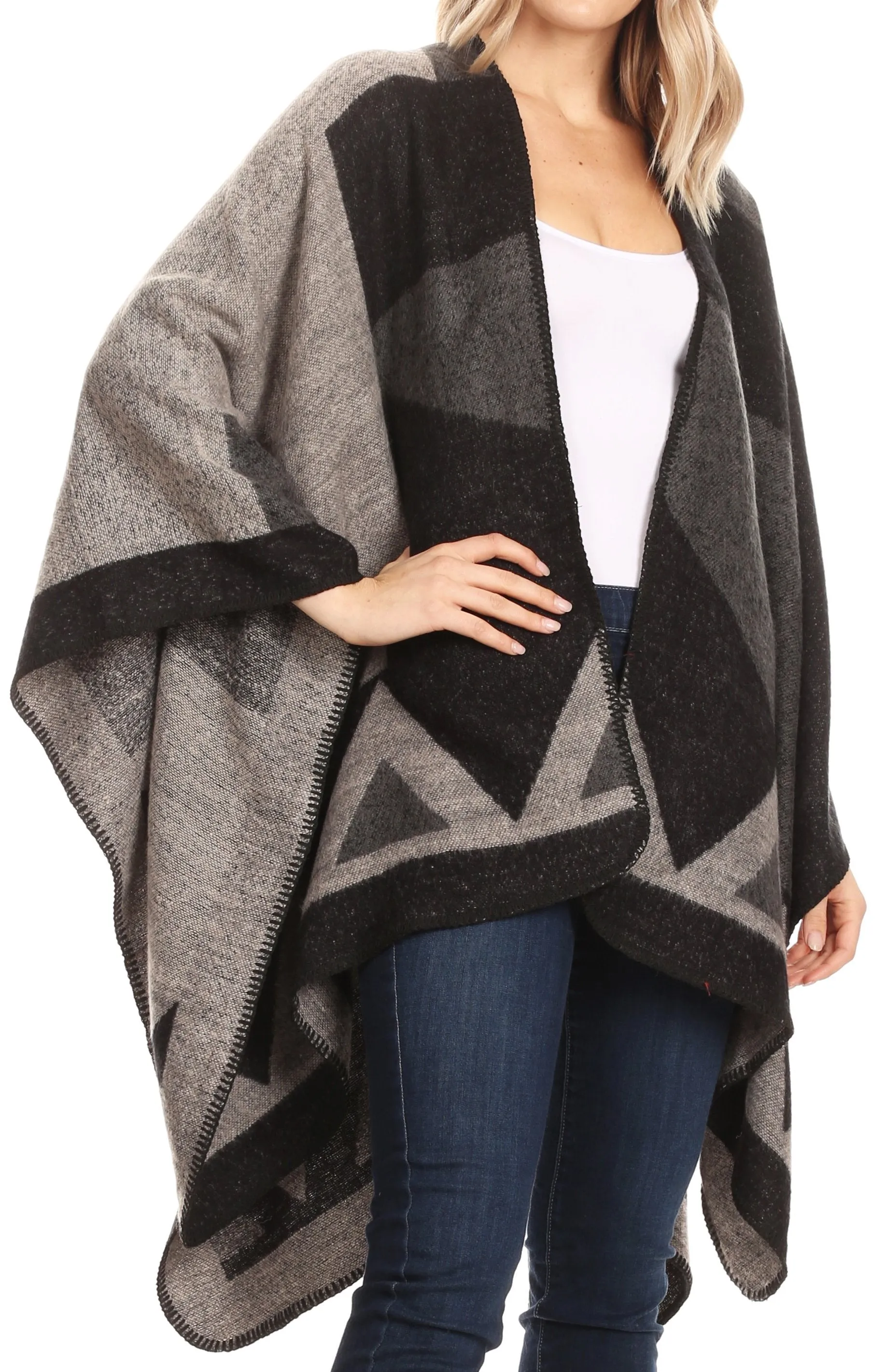 Sakkas Mari Women's Reversible Large Poncho Shawl Wrap Scarf Cape Ruana Blanket