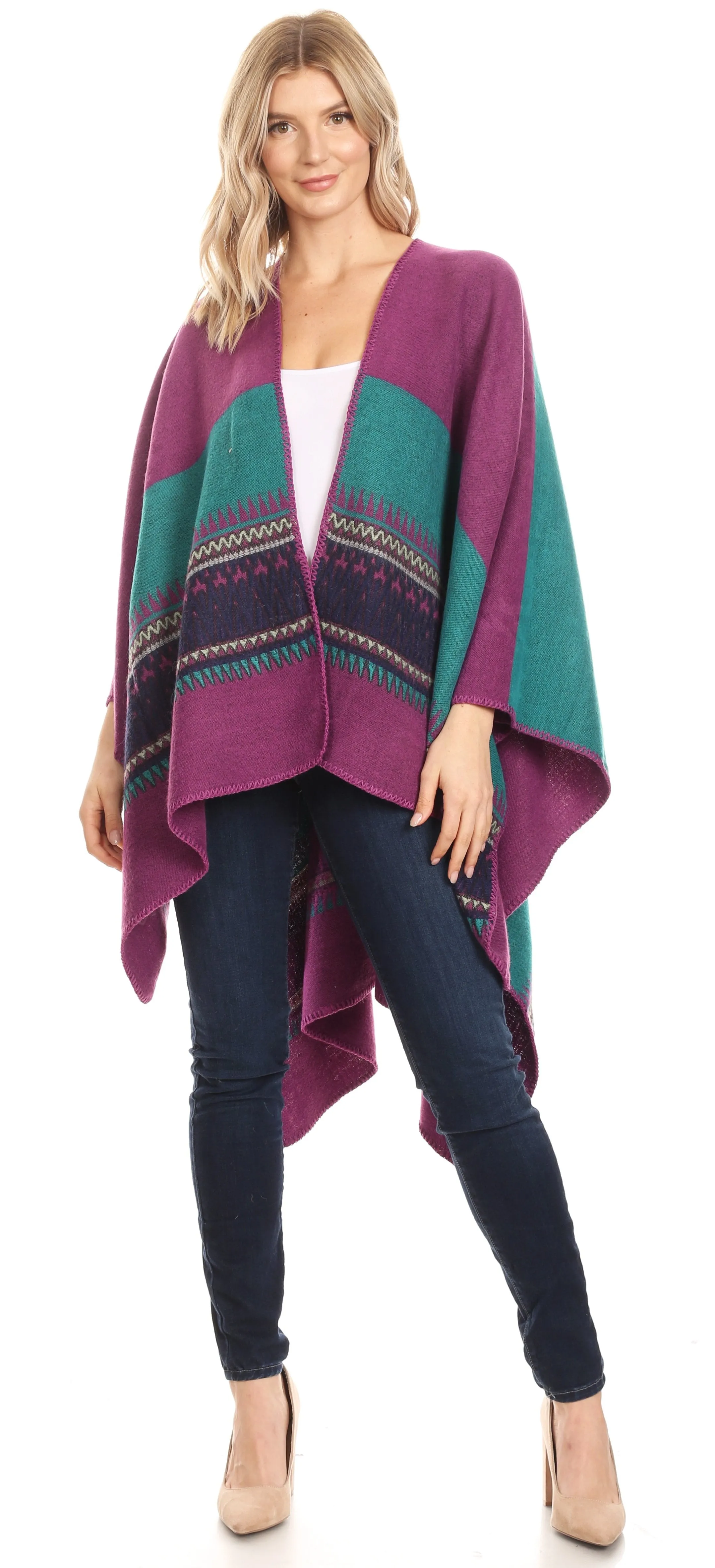 Sakkas Mari Women's Reversible Large Poncho Shawl Wrap Scarf Cape Ruana Blanket