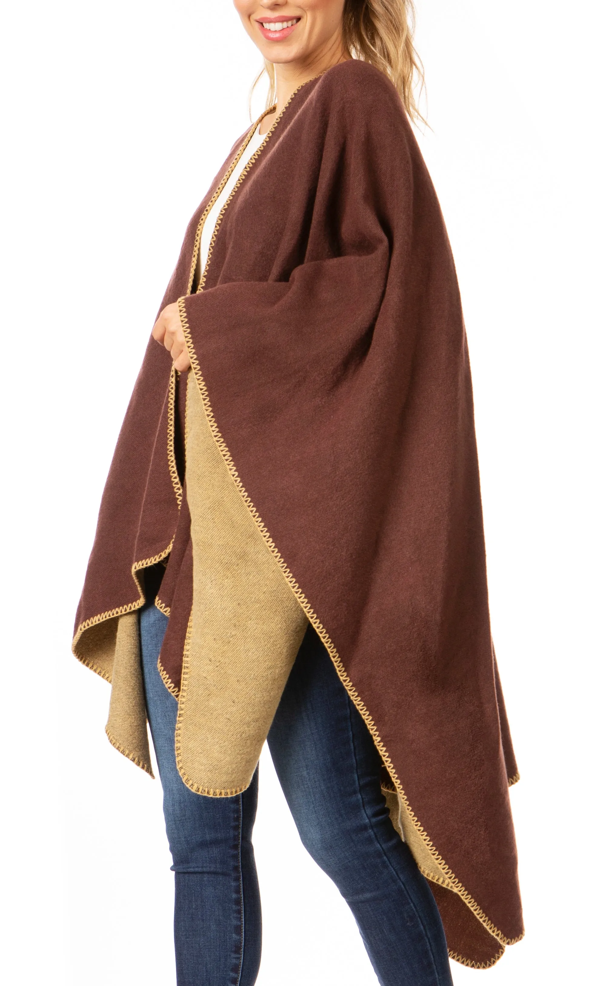 Sakkas Mari Women's Reversible Large Poncho Shawl Wrap Scarf Cape Ruana Blanket