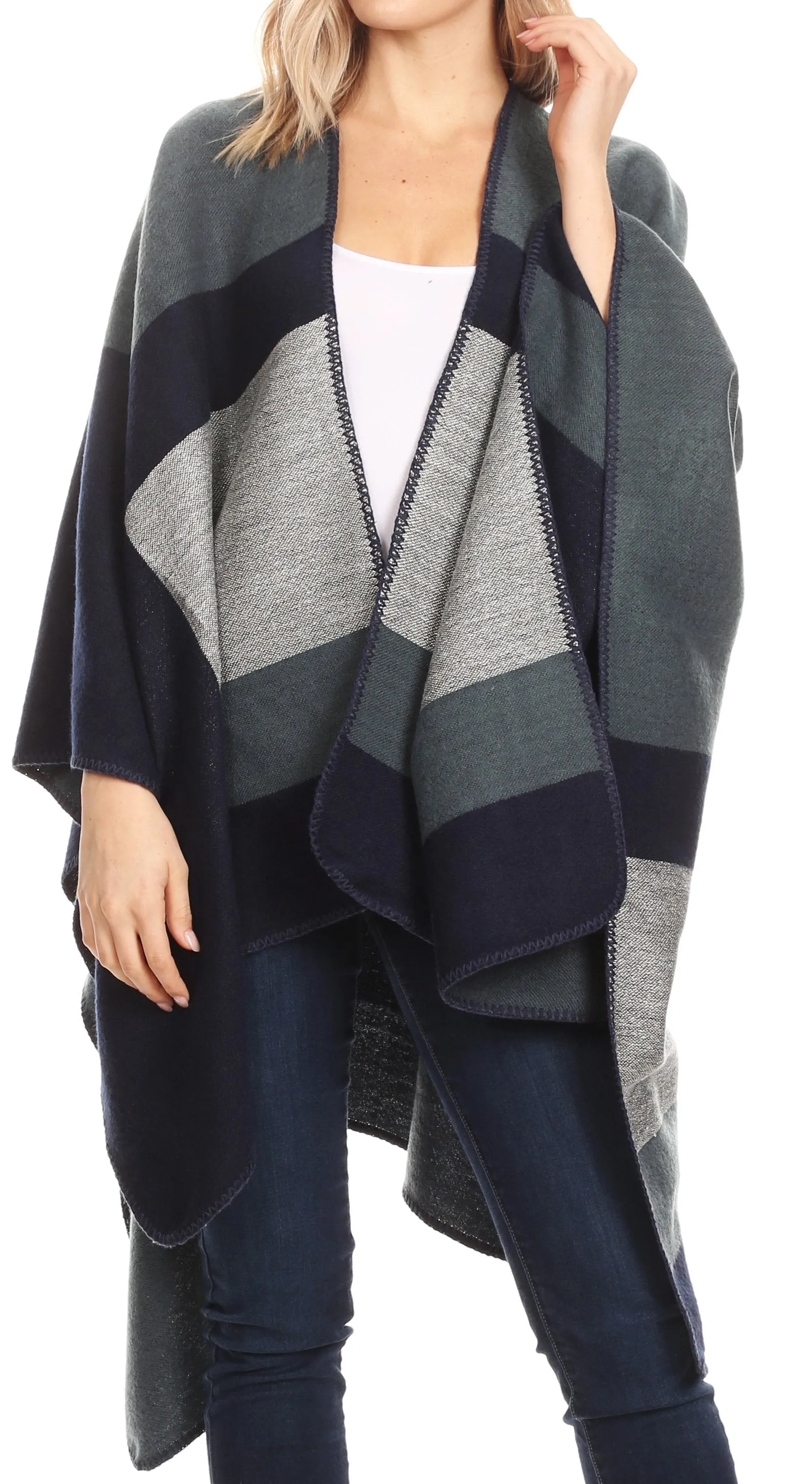 Sakkas Mari Women's Reversible Large Poncho Shawl Wrap Scarf Cape Ruana Blanket