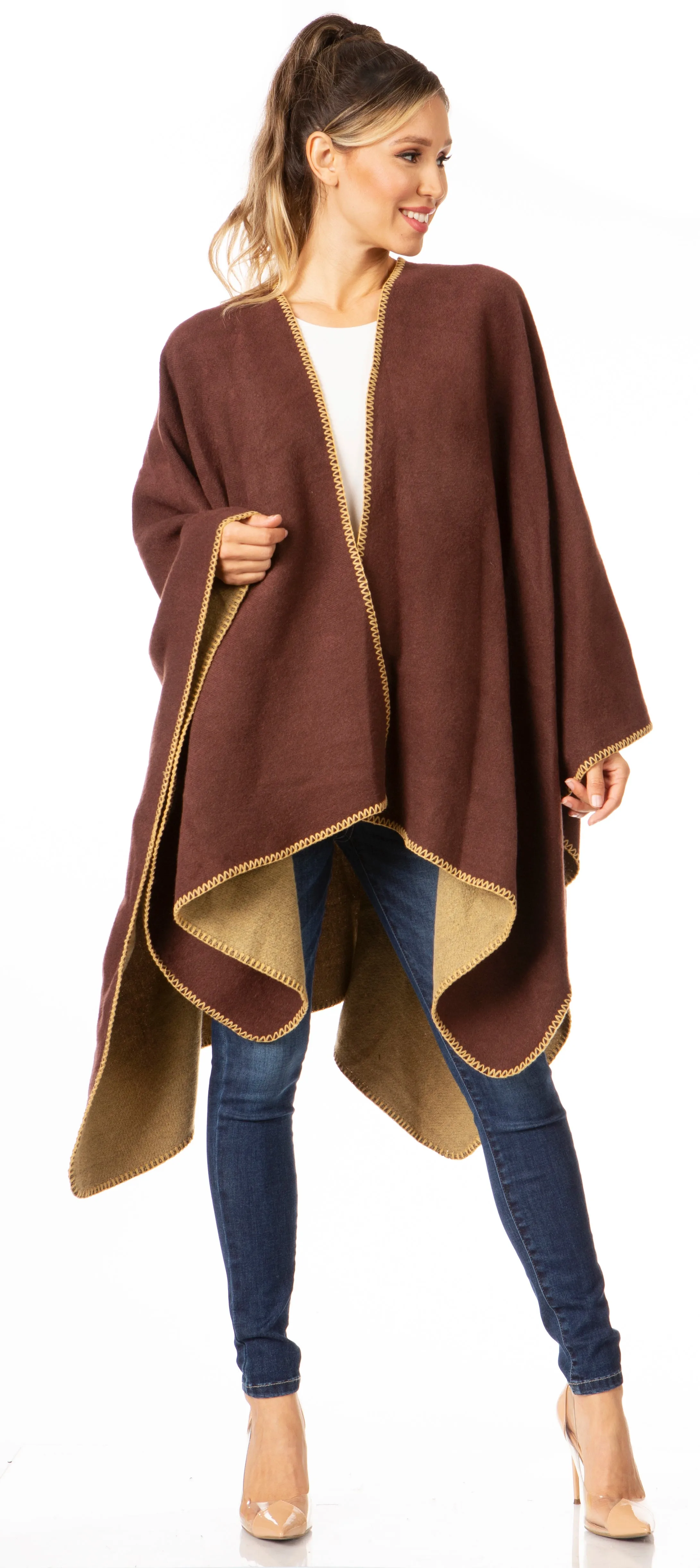 Sakkas Mari Women's Reversible Large Poncho Shawl Wrap Scarf Cape Ruana Blanket