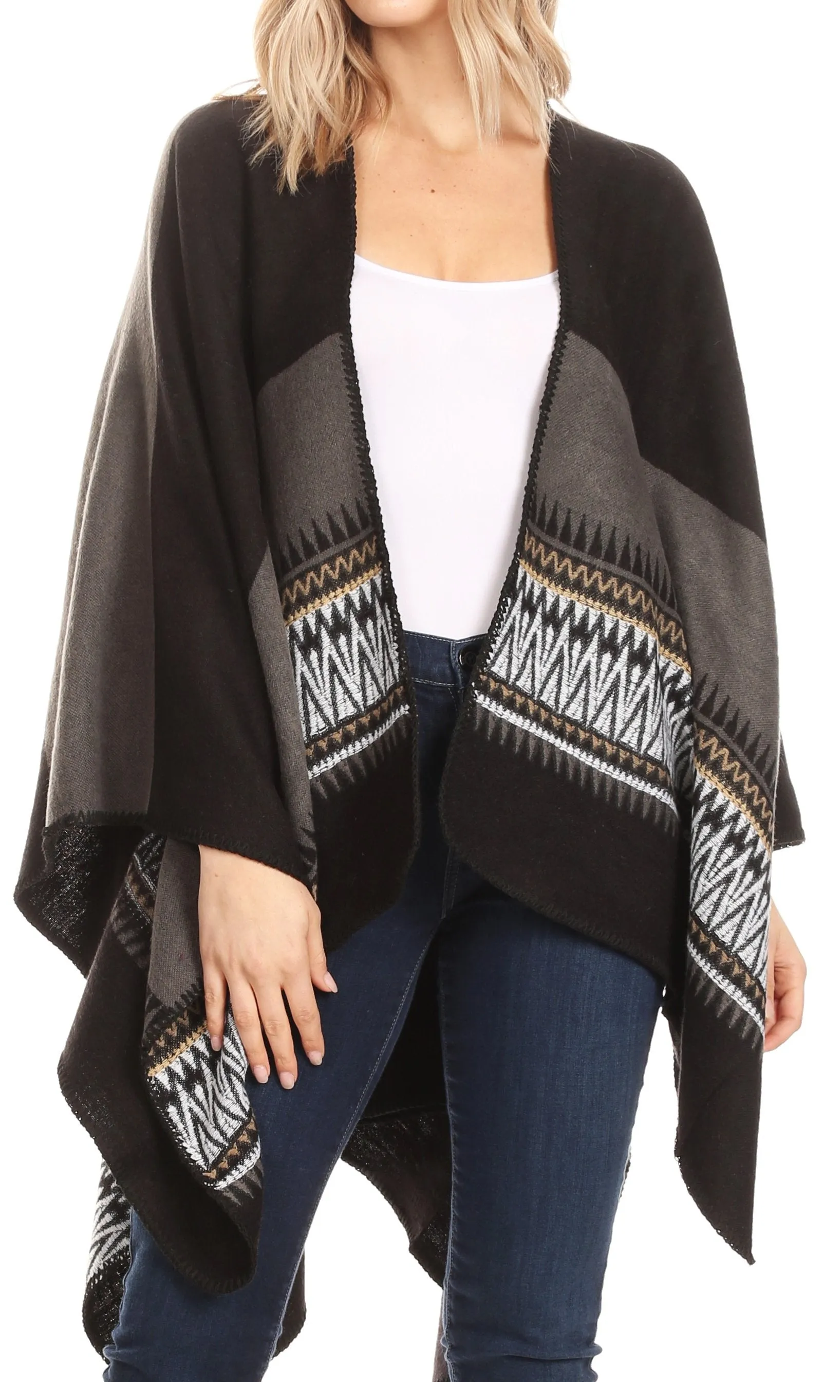 Sakkas Mari Women's Reversible Large Poncho Shawl Wrap Scarf Cape Ruana Blanket