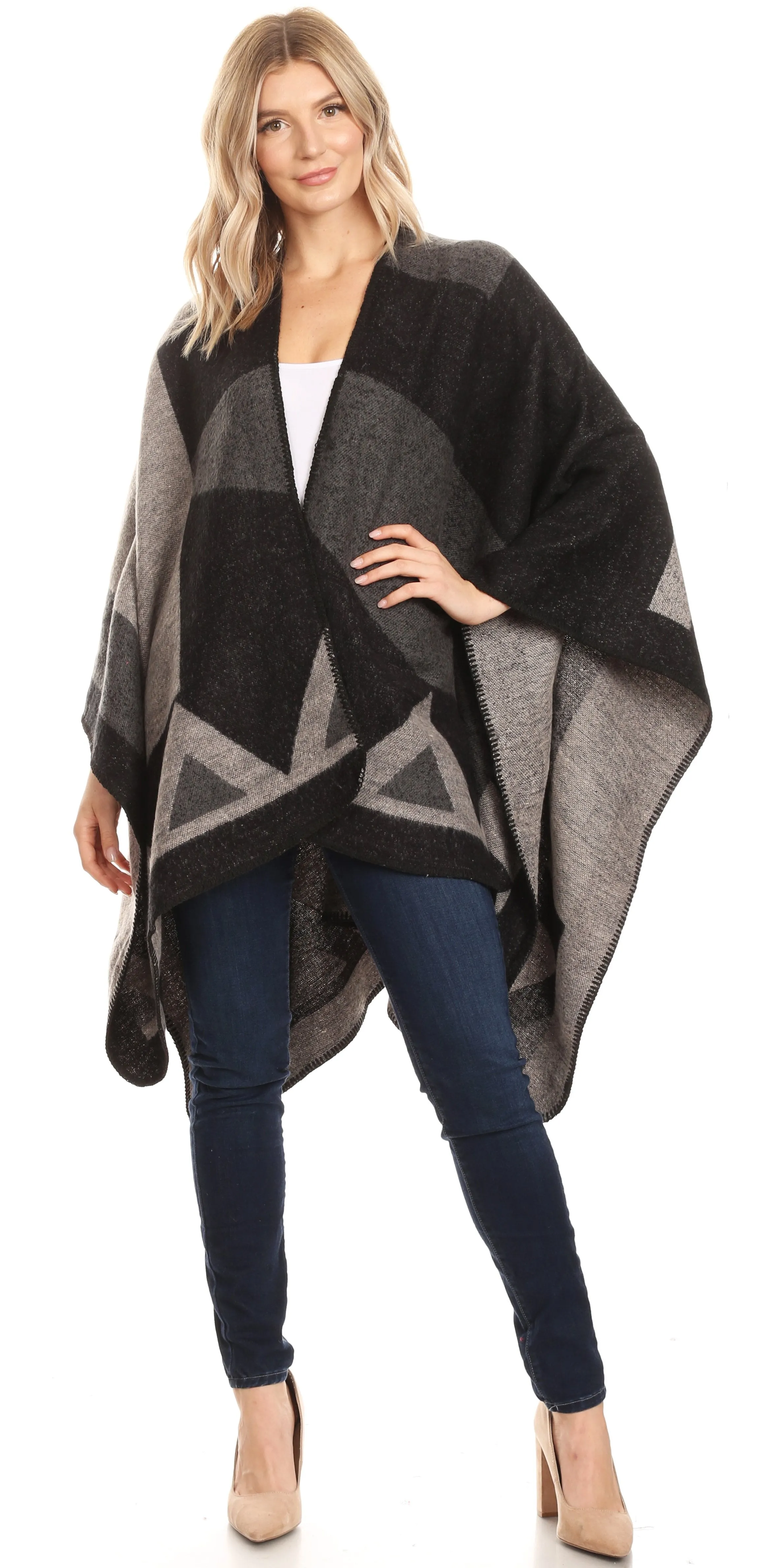 Sakkas Mari Women's Reversible Large Poncho Shawl Wrap Scarf Cape Ruana Blanket