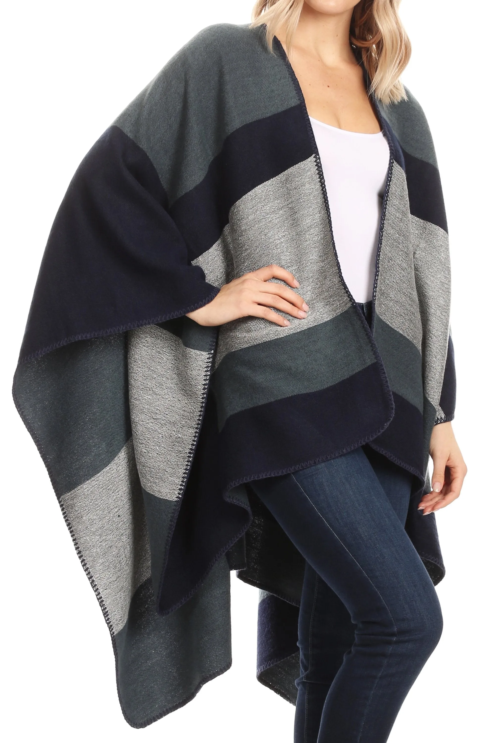 Sakkas Mari Women's Reversible Large Poncho Shawl Wrap Scarf Cape Ruana Blanket