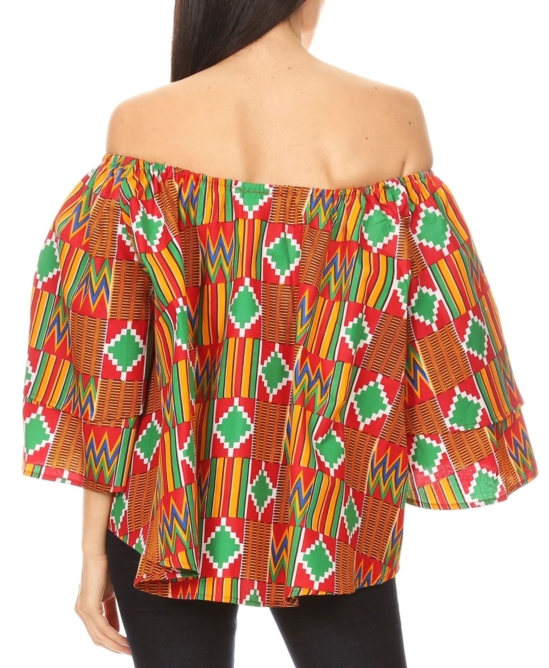 Sakkas Oni Women's Off the Shoulder African Ankara Wax Print Blouse Top Oversize